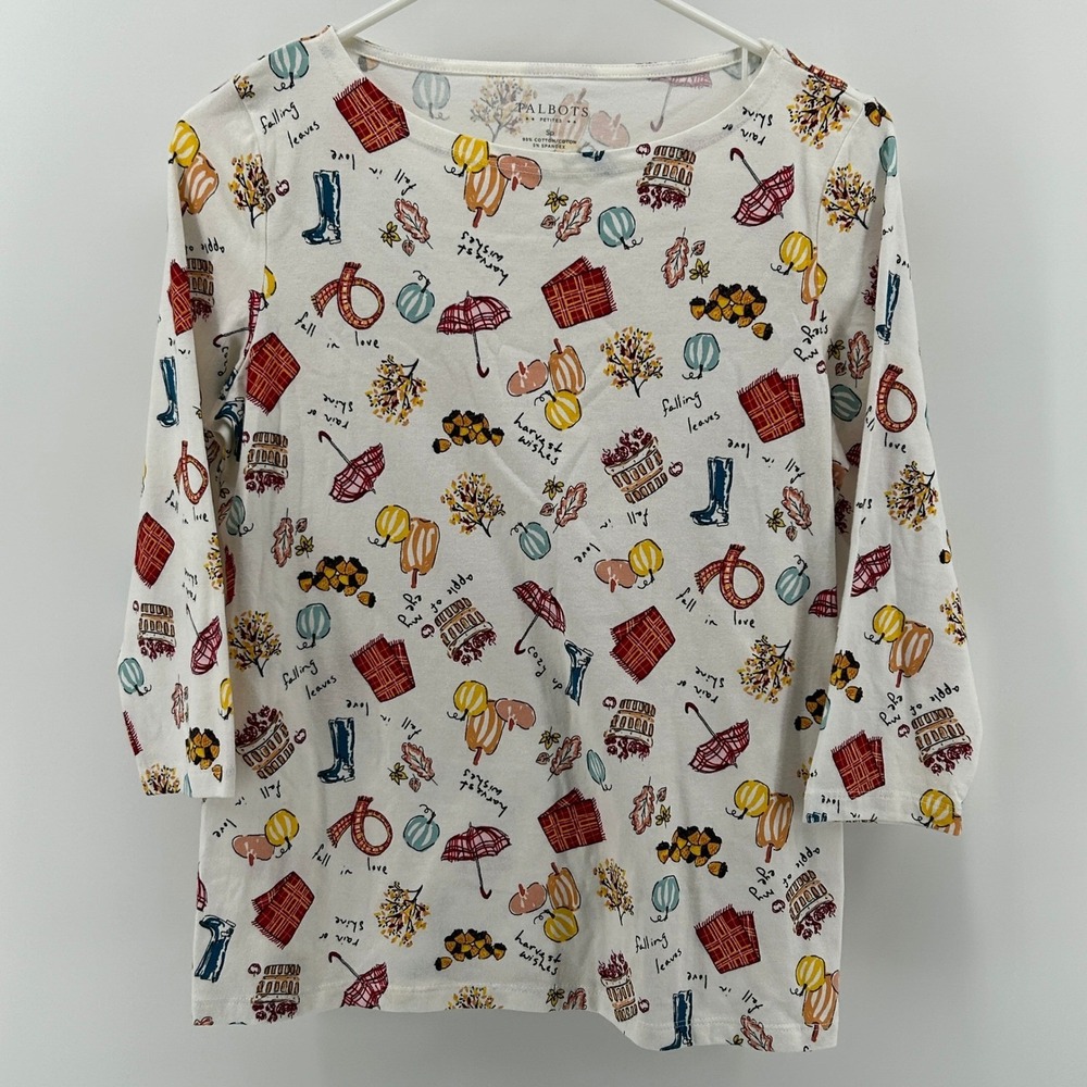 Talbots Petites Fall Autumn Harvest Novelty 3/4 Sleeve Boat Neck Top White SP
